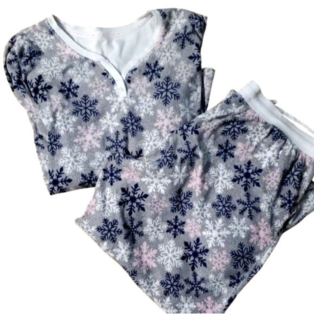 Nautica Blue White Pink Snowflake Patterned Waffle Weave Pajama Set XXL